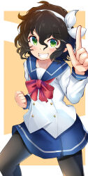 Rule 34 | 1girl, amano onsa, aru (arudes), bakuon!!, black hair, black pantyhose, blue sailor collar, blue skirt, bow, bowtie, brown background, curly hair, green eyes, grin, hair between eyes, hairband, highres, index finger raised, looking at viewer, pantyhose, red bow, red bowtie, sailor collar, shirt, short hair, skirt, smile, solo, standing, white hairband, white shirt