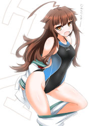 Rule 34 | 10s, 1girl, ahoge, alternate costume, bad id, bad pixiv id, blush, breasts, brown eyes, brown hair, competition swimsuit, dakku (ogitsune), fang, kantai collection, kuma (kancolle), long hair, looking at viewer, one-piece swimsuit, open mouth, school uniform, serafuku, simple background, solo, swimsuit, translated, undressing, white background
