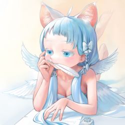 Rule 34 | 1girl, ahoge, angel, animal ear fluff, animal ears, bare shoulders, barefoot, blue eyes, blue hair, blush, bow, braid, breasts, cat ears, cat girl, cleavage, collarbone, colored eyelashes, dress, english text, feathered wings, feathers, feet up, female focus, forehead, hair bow, hair ribbon, half-closed eyes, hand up, head rest, highres, inkwell, jpeg artifacts, kaede (shijie heping), light blush, long hair, lying, mouth hold, multiple wings, on stomach, orange background, original, paper, quill, ribbon, simple background, small breasts, solo, strapless, strapless dress, the pose, twintails, white bow, white dress, white ribbon, white wings, wings