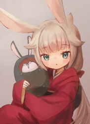 Rule 34 | 1girl, alternate costume, animal costume, animal ears, bokukawauso, commentary request, gradient background, green eyes, grey background, grey hair, hair flaps, japanese clothes, kantai collection, kimono, long hair, low twintails, mikura (kancolle), otter, rabbit costume, rabbit ears, red kimono, twintails, wss (nicoseiga19993411)