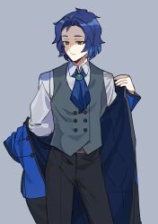 Rule 34 | 1boy, ascot, belt, black pants, blue ascot, blue coat, blue hair, brown belt, brown eyes, chesed (project moon), closed mouth, coat, collared shirt, commentary request, grey background, grey vest, lobotomy corporation, long sleeves, male focus, medu (rubish), pants, parted bangs, project moon, removing coat, shirt, short hair, simple background, solo, vest, white shirt