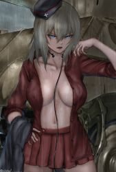 Rule 34 | 1girl, absurdres, bad id, bad pixiv id, black hat, black jacket, blue eyes, breasts, cloud, cloudy sky, commentary, covered erect nipples, dress shirt, frown, garrison cap, girls und panzer, glaring, grey sky, hand on own hip, hat, highres, holding, holding clothes, holding jacket, insignia, itsumi erika, jacket, kuromorimine military uniform, large breasts, long sleeves, looking at viewer, medium hair, military, military hat, military uniform, military vehicle, miniskirt, motor vehicle, navel, open clothes, open mouth, open shirt, outdoors, pleated skirt, rain, red shirt, red skirt, shirt, silver hair, skirt, sky, sleeves rolled up, solo, standing, takefu jiin, tank, throat microphone, tiger ii, tilted headwear, uniform, unworn jacket, wet, wet clothes, wet hair, wet shirt