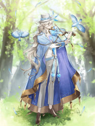 Rule 34 | 1boy, airm, bird, blue bird, blue cape, blue cheese (food fantasy), blue eyes, blue ribbon, bow (music), brown footwear, cape, falling leaves, feather hair ornament, feathers, fedora, food fantasy, forest, from side, glasses, gold trim, grass, grey pants, hair ornament, hat, hat ribbon, highres, instrument, leaf, light smile, long hair, looking at viewer, male focus, music, nature, official art, open clothes, open shirt, outdoors, pale skin, pants, partially unbuttoned, playing instrument, ribbon, round eyewear, sash, scar, scar on chest, shirt, sleeve cuffs, solo, standing, tree, veins, violin, wavy hair, white hair, white hat, white shirt