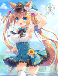 Rule 34 | 1girl, ameto yuki, animal ear fluff, animal ears, armpits, blonde hair, blue eyes, blue sky, blurry, blurry background, blush, breasts, cloud, day, fang, gloves, hair ornament, hair ribbon, hat, highres, large breasts, long hair, looking at viewer, open mouth, original, ribbon, salute, sky, sleeveless, solo, summer uniform, tail, thighhighs, twintails, whistle, white gloves, wolf ears, wolf tail