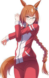 Rule 34 | 1girl, animal ears, braid, braided ponytail, brown hair, closed mouth, commentary request, cowboy shot, ear ornament, glasses, highres, horse ears, horse girl, horse tail, ikuno dictus (umamusume), jacket, long hair, long sleeves, looking at viewer, pants, red pants, round eyewear, shimotsuki aoi, solo, tail, tracen training uniform, track jacket, umamusume, yellow eyes