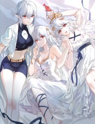 Rule 34 | 3girls, absurdres, alternate costume, arknights, bare shoulders, black sash, breasts, charm (object), cleavage, cleavage cutout, clothing cutout, commentary, crop top, cropped jacket, crown, dress, gladiia (arknights), grey hair, highres, holding, holding hands, jacket, laurel crown, long hair, lying, midriff, multiple girls, navel, on back, orca, pointy ears, red eyes, sash, short shorts, short sleeves, shorts, skadi (arknights), sleeveless, sleeveless dress, smile, specter (arknights), was775, white dress, white jacket