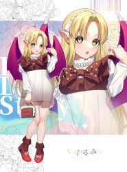 1girl absurdres alternate_costume bag bare_legs bat_wings blonde_hair bow bow_hairband bowtie casual character_name clenched_hand commentary_request contrapposto curtained_hair demon_girl demon_wings dress floral_background full_body guumin hairband hand_up handbag highres holding holding_bag jewelry juliet_sleeves knees_together_feet_apart kurumi_(touhou) long_hair long_sleeves looking_up microdress necklace numbered outline pearl_necklace pigeon-toed pointy_ears puffy_sleeves red_bow red_bowtie red_socks see-through_clothes socks solo straight_hair text_background three_quarter_view touhou touhou_(pc-98) upturned_eyes white_bow white_hairband white_outline wings zoom_layer