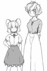 Rule 34 | 2girls, alternate costume, animal ears, arm behind back, belt, commentary request, feet out of frame, greyscale, hand on own hip, highres, monochrome, mouse ears, multicolored hair, multiple girls, nazrin, neck ribbon, ribbon, shirt, short hair, short sleeves, simple background, skirt, smile, streaked hair, sunatoshi, toramaru shou, touhou, white background