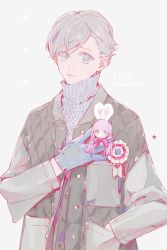 Rule 34 | 1boy, blue eyes, blue gloves, bow, brooch, buttons, coat, gloves, grey hair, hand in pocket, hand on own chest, jewelry, male focus, nishihara isao, original, short hair, solo, turtleneck