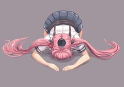 Rule 34 | 1girl, all fours, ankoh, black hat, breasts, dogeza, flower, garrison cap, goddess of victory: nikke, grey skirt, hair flower, hair ornament, hat, large breasts, long hair, pink hair, pleated skirt, quiry (nikke), shirt, short sleeves, skirt, solo, twintails, white shirt