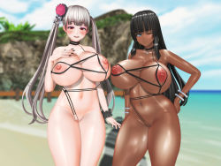 Rule 34 | 2girls, 3d, beach, bikini, black hair, blue eyes, blush, breasts, choker, dark-skinned female, dark skin, earrings, flower, flower on head, hand on own hip, hand on own chest, huge breasts, jewelry, looking at viewer, makeup, multiple girls, necklace, one eye closed, open mouth, pico majin r, red eyes, sky, smile, swimsuit, twintails, white hair