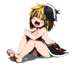 Rule 34 | 1girl, ^ ^, aged down, barefoot, blonde hair, blush, child, closed eyes, crescent, feet, full body, harusame (unmei no ikasumi), hat, lunasa prismriver, open mouth, short hair, simple background, sitting, skirt, smile, solo, topless, touhou, white background