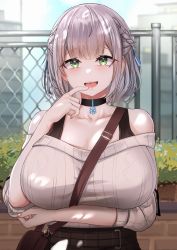 Rule 34 | 1girl, bag, between breasts, braid, breasts, casual, collarbone, fence, finger to mouth, french braid, green eyes, hair ribbon, handbag, high-waist skirt, highres, hololive, large breasts, open mouth, ribbon, shirogane noel, shirogane noel (casual), silver hair, skirt, snowflake choker, solo, strap between breasts, sweater, tnolize, upper body, virtual youtuber
