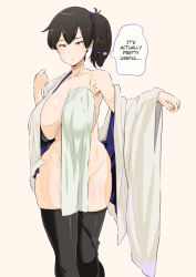 Rule 34 | 1girl, beige background, black hair, black panties, black thighhighs, breasts, cleavage, hard-translated, huge breasts, japanese clothes, kaga (kancolle), kantai collection, kimono, konoshige (ryuun), large breasts, long hair, no bra, object on breast, one breast out, panties, panties around leg, unworn panties, self exposure, side ponytail, simple background, skindentation, solo, standing, tawawa challenge, thighhighs, third-party edit, thought bubble, towel, translated, underwear, yellow eyes