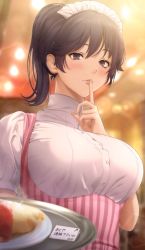 Rule 34 | 1girl, 3ri10te, black hair, commentary request, finger to mouth, food, from below, high ponytail, highres, holding, holding tray, maid headdress, original, purple eyes, restaurant, translated, tray, waitress