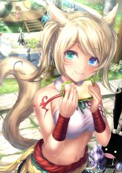 Rule 34 | 10s, 1girl, animal ears, bad id, bad pixiv id, blonde hair, blue eyes, bread, drooling, earrings, eating, eyebrows, facial mark, fat chocobo, final fantasy, final fantasy xiv, flower, food, food on face, grass, green eyes, heterochromia, highres, holding, jewelry, looking at viewer, midriff, miqo&#039;te, navel, sandwich, shadow, short hair, solo focus, spriggan (final fantasy), stairs, sunlight, tail, tattoo, tiphereth, warrior of light (ff14), waving