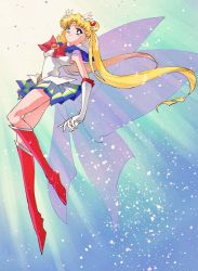 Rule 34 | 1girl, bishoujo senshi sailor moon, blonde hair, blue eyes, blue sailor collar, brooch, butterfly wings, choker, double bun, elbow gloves, full body, gloves, hair bun, heart, heart brooch, heart choker, highres, insect wings, jewelry, leotard, long hair, looking at viewer, multicolored clothes, multicolored skirt, pleated skirt, pochi (askas is god), red footwear, sailor collar, sailor moon, sailor senshi, sailor senshi uniform, skirt, solo, super sailor moon, tsukino usagi, twintails, white gloves, white leotard, wings