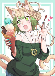 Rule 34 | 1girl, absurdres, ahoge, animal ear fluff, animal ears, atalanta (fate), blue pants, braid, cat ears, cat girl, cat tail, commentary request, fang, fate/apocrypha, fate (series), food, gradient hair, green eyes, green hair, green sweater, hair between eyes, hair bun, head tilt, heart, heart ahoge, heart tail, highres, holding, holding food, holding spoon, ice cream, kirishina (raindrop-050928), light brown hair, long sleeves, medallion, multicolored hair, off-shoulder sweater, off shoulder, open mouth, pants, see-through, shirt, single hair bun, sleeveless, sleeveless shirt, solo, sparkle, spoon, sweater, tail, white shirt, wide sleeves