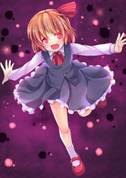 Rule 34 | 1girl, blonde hair, fang, hair ribbon, mary janes, niiya, outstretched arms, red eyes, ribbon, rumia, shoes, short hair, solo, touhou