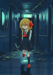 Rule 34 | 1girl, :d, arms behind back, ascot, bad id, bad pixiv id, blonde hair, exit sign, fang, hair ribbon, highres, hinami047, indoors, open mouth, red eyes, ribbon, rumia, shirt, short hair, skirt, smile, solo, touhou, vest
