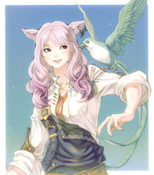 Rule 34 | 1girl, absurdres, animal, animal ears, animal on shoulder, arm at side, warrior of light (ff14), belt buckle, bimel isabella, bird, bird on shoulder, blue background, blue bird, border, buckle, cat ears, collared shirt, commentary, earrings, facial mark, final fantasy, final fantasy xiv, gradient hair, highres, jewelry, long hair, looking at animal, looking to the side, miqo&#039;te, multicolored hair, open mouth, outside border, pink hair, purple eyes, purple hair, shirt, sideways glance, single earring, smile, solo, spriggan (final fantasy), standing, suspenders, two-tone hair, upper body, wavy hair, white border, white shirt