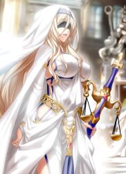 Rule 34 | 1girl, black blindfold, blindfold, blonde hair, blurry, blurry background, breasts, bridal gauntlets, covered erect nipples, covered eyes, dress, goblin slayer!, habit, highres, holding, holding sword, holding weapon, impossible clothes, large breasts, long hair, open mouth, priestess, sideless outfit, sword, sword maiden, weapon, white dress, zinfian
