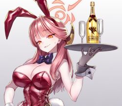 Rule 34 | 1girl, animal ears, aru (blue archive), blue archive, bottle, bow, bowtie, breasts, champagne flute, cleavage, cup, detached collar, drinking glass, fake animal ears, fake tail, gradient background, halo, hand on own hip, holding, horns, large breasts, leotard, long hair, looking at viewer, matsuryuu, orange eyes, pink hair, playboy bunny, rabbit ears, rabbit tail, red leotard, simple background, solo, strapless, strapless leotard, sweat, tail, tray, upper body, wrist cuffs
