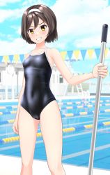 Rule 34 | 1girl, absurdres, black one-piece swimsuit, blue sky, brown hair, cameltoe, cleft of venus, cloud, commentary request, competition school swimsuit, cowboy shot, day, fantia commission, feet out of frame, grin, hairband, highres, kantai collection, lane line, looking at viewer, mop, one-piece swimsuit, outdoors, pool, school swimsuit, short hair, sky, smile, solo, string of flags, swimsuit, takafumi, tanikaze (kancolle), white hairband, yellow eyes