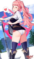 Rule 34 | 1girl, absurdres, artist name, ass, axe, back, belt, black footwear, blue thighhighs, blunt bangs, blush, boots, breasts, clothes lift, cloud, cloudy sky, cowboy shot, day, female focus, fire emblem, fire emblem: three houses, from behind, garreg mach monastery uniform, hand on hilt, heart, highres, hilda valentine goneril, huge filesize, knee boots, lifting own clothes, long hair, looking at viewer, looking back, matching hair/eyes, medium breasts, neckerchief, nintendo, one eye closed, outdoors, panties, pink eyes, pink hair, presenting, sarukaiwolf, shirt, short sleeves, skirt, skirt lift, sky, solo, sparkle, speech bubble, spoken heart, sweat, thighhighs, thighs, tongue, tongue out, tree, twintails, underwear, white panties, white shirt, wink