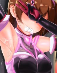 Rule 34 | 1girl, absurdres, arm up, armpits, blush, breasts, brown hair, character name, covered eyes, cum on armpit, cum on armpits, cum on body, elbow gloves, ggim (kdnx8758), gloves, glowing, highres, idolmaster, idolmaster million live!, idolmaster million live! theater days, kasuga mirai, medium breasts, one side up, short hair, solo, v