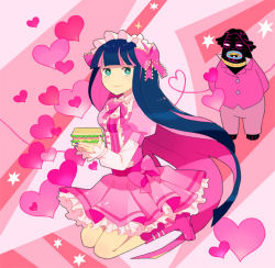 Rule 34 | 10s, 1boy, 1girl, blue eyes, blue nails, boots, bow, busaiku, chilbok, colored inner hair, couple, dress, food, frills, ghost (psg), hair bow, heart, long hair, multicolored hair, nail polish, panty &amp; stocking with garterbelt, pink theme, sandwich, smile, star (symbol), stocking (psg), two-tone hair, very long hair
