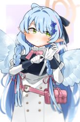 Rule 34 | 1girl, ahoge, black shirt, blue archive, blue hair, blush, bow, breasts, closed mouth, commentary request, dash b, dress, eyes visible through hair, feathered wings, glove pull, gloves, green eyes, grey wings, hair intakes, halo, highres, long sleeves, medium breasts, mine (blue archive), multicolored hair, pink bow, pink hair, pointy ears, purple background, shirt, solo, steam, streaked hair, sweat, two-tone background, white background, white dress, white gloves, wings
