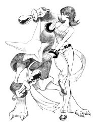 Rule 34 | 1girl, alakazam, bracelet, breasts, cleavage, closed mouth, collarbone, commentary, creatures (company), flipped hair, fufu (fufuichi04), game freak, gen 1 pokemon, greyscale, gym leader, hair between eyes, hand up, highres, holding, holding spoon, jewelry, leg up, looking at viewer, medium hair, monochrome, nintendo, pants, pokemon, pokemon (creature), pokemon hgss, ribbed shirt, sabrina (pokemon), shirt, shoes, spoon, standing, standing on one leg