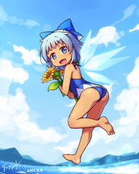 Rule 34 | ass, bare back, bare shoulders, barefoot, blush, bow, cirno, cloud, cloudy sky, dark-skinned female, dark skin, dated, day, fang, flower, from behind, hair bow, highres, holding, langbazi, looking at viewer, one-piece swimsuit, open mouth, signature, sky, smile, solo, sunflower, swimsuit, tan, tanned cirno, touhou, water, wings