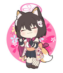 Rule 34 | 1girl, animal ear fluff, animal ears, bare shoulders, black gloves, black skirt, black thighhighs, blue archive, brown footwear, chibi, closed eyes, closed mouth, commentary request, double fox shadow puppet, facing viewer, fishnet socks, fishnets, floral background, fox ears, fox girl, fox mask, fox shadow puppet, fox tail, full body, gloves, hair between eyes, halo, izuna (blue archive), loafers, long sleeves, mask, mask on head, nyaru (nyaru 4126), partially fingerless gloves, pink background, pink scarf, pleated skirt, round image, scarf, shirt, shoes, single sock, single thighhigh, skirt, sleeveless, sleeveless shirt, socks, solo, standing, tail, thighhighs, two-tone background, white background, white shirt, wide sleeves