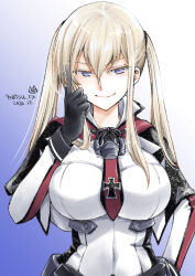 Rule 34 | 1girl, between breasts, black gloves, blonde hair, breasts, capelet, cross, dated, gloves, graf zeppelin (kancolle), hair between eyes, index finger raised, iron cross, kantai collection, large breasts, long hair, long sleeves, looking at viewer, matsuura@parao, military, military uniform, necktie, necktie between breasts, purple eyes, sidelocks, signature, simple background, solo, twintails, uniform, upper body