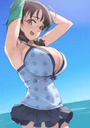 Rule 34 | 1girl, armpits, arms up, asano fuka, black hair, blue one-piece swimsuit, blue sky, blush, bow, breasts, brown eyes, cleavage, collarbone, cowboy shot, from side, glasses, green shirt, grey-framed eyewear, hair bow, highres, horizon, idolmaster, idolmaster cinderella girls, idolmaster cinderella girls starlight stage, kawaty, large breasts, looking at viewer, low twintails, ocean, one-piece swimsuit, open mouth, outdoors, polka dot one-piece swimsuit, shirt, short hair, sky, smile, solo, standing, swimsuit, swimsuit skirt, twintails, undressing