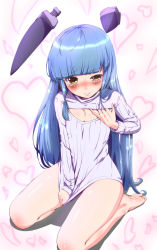 Rule 34 | 10s, 1girl, barefoot, blue hair, blush, bottomless, clothes tug, covering privates, covering crotch, flat chest, headgear, heart, highres, kantai collection, long hair, meme attire, meria (rahxephon5), murakumo (kancolle), open-chest sweater, ribbed sweater, sitting, solo, sweater, sweater tug, turtleneck, wariza, yellow eyes