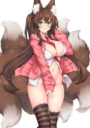 Rule 34 | 1girl, absurdres, animal ear fluff, animal ears, bad id, bad twitter id, blush, bottomless, breasts, brown hair, cleavage, collared shirt, commission, covering crotch, covering privates, fox ears, green eyes, hair between eyes, highres, jacket, large breasts, long hair, long sleeves, multiple tails, navel, necktie, neko mantis, original, parted lips, pink jacket, plushmallow, shirt, simple background, smile, solo, stomach, striped clothes, striped thighhighs, tail, teeth, thighhighs, twintails, very long hair, white background, white shirt