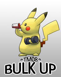 Rule 34 | black eyes, bulk up (pokemon), commentary, creature, creatures (company), cup, drinking, dumbbell, english commentary, english text, exercising, full body, game freak, gen 1 pokemon, holding, holding cup, mcgmark, nintendo, no humans, pikachu, pokemon, pokemon (creature), pokemon move, serious, solo, standing, watermark, web address, weightlifting