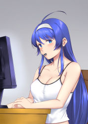 Rule 34 | 1girl, ahoge, at computer, blue eyes, blue hair, blush, breasts, camisole, casual, chair, cleavage, collarbone, commentary, commission, cookie, english commentary, food, food in mouth, hairband, highres, huge ahoge, kauru00, long hair, looking at viewer, medium breasts, monitor, mouth hold, oreo, orie ballardiae harada, pun, sitting, solo, spaghetti strap, under night in-birth, very long hair, white hairband