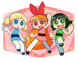 Rule 34 | 3girls, :d, black footwear, blonde hair, blossom (ppg), blue dress, blue eyes, blush stickers, bow, bright pupils, bubbles (ppg), buttercup (ppg), commentary, dress, english commentary, green dress, green eyes, green hair, hair bow, hand up, highres, long hair, looking at viewer, multiple girls, open mouth, pantyhose, pink background, pink dress, pink eyes, powerpuff girls, rariatto (ganguri), red bow, shoes, short hair, smile, standing, standing on one leg, star (symbol), twintails, twitter username, v-shaped eyebrows, very long hair, white legwear, white pupils