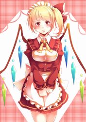 Rule 34 | 1girl, alternate costume, apron, blonde hair, blouse, bow, cowboy shot, crystal, dress, enmaided, flandre scarlet, framed breasts, hair bow, hair ribbon, highres, kanzakietc, light smile, long sleeves, looking at viewer, maid, maid apron, maid headdress, plaid, plaid background, puffy long sleeves, puffy sleeves, red dress, red eyes, red ribbon, ribbon, shirt, short dress, short hair, side ponytail, solo, touhou, v arms, waist apron, white shirt, wings