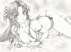 Rule 34 | 1girl, ass, asuna (sao), bikini, blush, breasts, butt crack, cleavage, flower, graphite (medium), hair flower, hair ornament, legs, long hair, looking at viewer, lying, mikuro, monochrome, on side, on stomach, side-tie bikini bottom, smile, solo, swimsuit, sword art online, thighs, traditional media, very long hair
