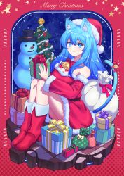 Rule 34 | 1girl, absurdres, animal ears, bell, belt, black belt, blue eyes, blue hair, boots, bow, bowtie, cat ears, cat girl, cat tail, christmas, christmas ornaments, christmas tree, closed mouth, collar, commentary, cursive, detached collar, detached sleeves, dress, english text, full body, fur-trimmed dress, fur-trimmed sleeves, fur trim, garland (decoration), gift, hat, highres, holding, holding gift, jingle bell, long hair, looking at viewer, merry christmas, neck bell, night, original, outdoors, outside border, red bow, red bowtie, red footwear, red hat, red sleeves, ribbon, sack, santa boots, santa dress, santa hat, short dress, sitting, smile, snowing, snowman, solo, somasoutaro, star (symbol), star ornament, star print, strapless, strapless dress, tail, tail bell, tail ornament, tail ribbon, white collar