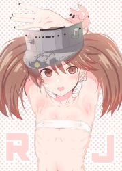 Rule 34 | 1girl, armpits, bare shoulders, black nails, blush, bra, brown eyes, brown hair, commentary request, earrings, fang, flat chest, arms up, highres, jewelry, kantai collection, long hair, looking at viewer, makabe gorou, nail polish, open mouth, ryuujou (kancolle), solo, twintails, underwear, visor cap