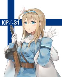 Rule 34 | 1girl, absurdres, belt, blue coat, blue eyes, blush, breasts, brown belt, brown hair, character name, closed mouth, coat, girls&#039; frontline, gloves, gun, hairband, highres, holding, holding gun, holding weapon, large breasts, long hair, long sleeves, looking at viewer, smile, solo, submachine gun, suomi (girls&#039; frontline), suomi kp/-31, unicron (brous), upper body, weapon, white gloves