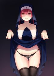 Rule 34 | 1girl, alternate costume, black background, black panties, black thighhighs, blue dress, blush, breasts, cameltoe, closed mouth, clothes lift, dress, dress lift, habit, heart, heart-shaped pupils, heterochromia, highres, hololive, houshou marine, houshou marine (nun), large breasts, licking lips, lifted by self, long hair, long sleeves, looking at viewer, navel, nun, panties, pink eyes, red hair, sion owatas, solo, symbol-shaped pupils, thighhighs, tongue, tongue out, underwear, veil, virtual youtuber, yellow eyes