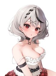 Rule 34 | 1girl, :o, bare shoulders, black collar, black hair, braid, breasts, camisole, cleavage, collar, collarbone, ear piercing, earrings, frilled camisole, frills, grey hair, hair ornament, heart collar, heart pendant, highres, hololive, jewelry, large breasts, looking at viewer, medium hair, minamimio0527, multicolored hair, open mouth, piercing, plaid, plaid skirt, sakamata chloe, sakamata chloe (1st costume), simple background, single braid, single earring, skirt, solo, spaghetti strap, strap slip, streaked hair, virtual youtuber, white background, white camisole, x hair ornament