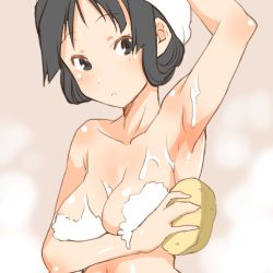 Rule 34 | 1girl, akiyama mio, arm up, armpits, bathing, black hair, breast lift, breasts, completely nude, k-on!, lowres, nude, shinama, soap, soap bubbles, solo, sponge